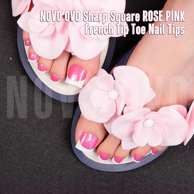 NOVO OVO French Tip Toe Nail Tips press on, ROSE PINK WITH GLITTER Sharp Square Toe Nail Tips Toenail Extension, Need Builder Gel & Top Coat, no Glue, Full Cover Acrylic for DIY 15 Sizes 240 pcs