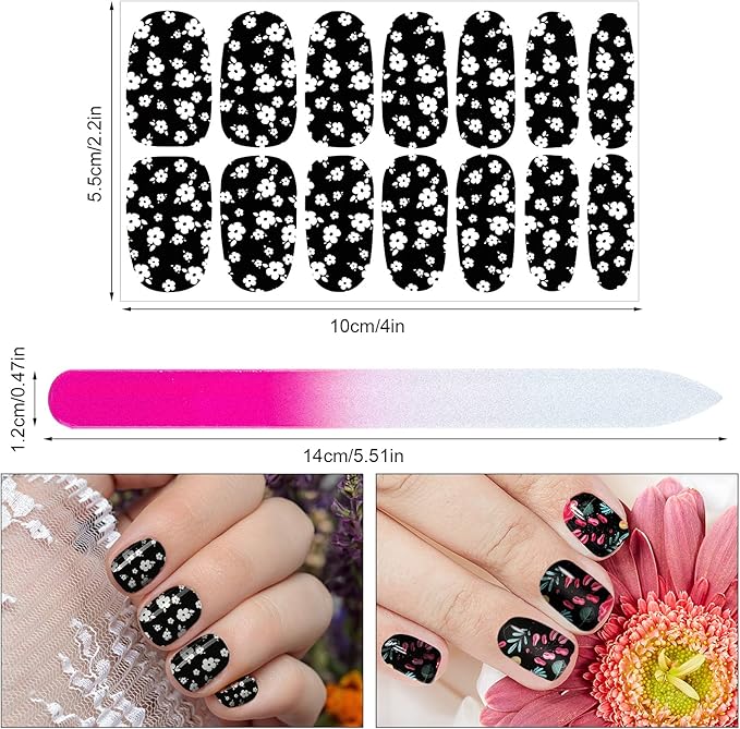 168 Pcs 12 Sheets Full Wraps Nail Polish Stickers Flower Print Self-Adhesive Nail Decal Strips with File Manicure Kits Colorful Flower Full Cover Decal Strips for Women DIY Decoration(Classic Style)