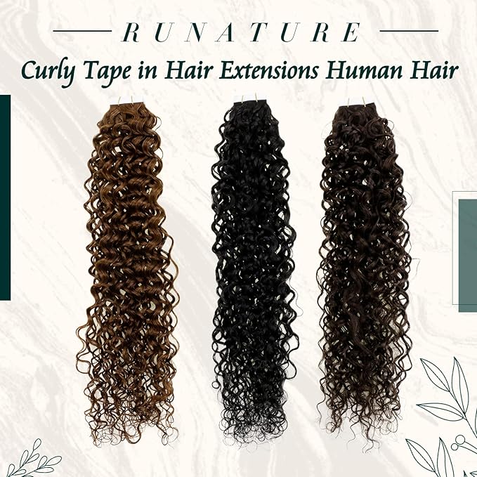 RUNATURE Tape ins Human Hair Extensions Curly Brown Remy Hair Tape in Extensions 22 Inch Dark Brown Seamless Human Hair Extensions Tape in Curly Human Hair Tape in Extensions Double Sided 50g 20pcs