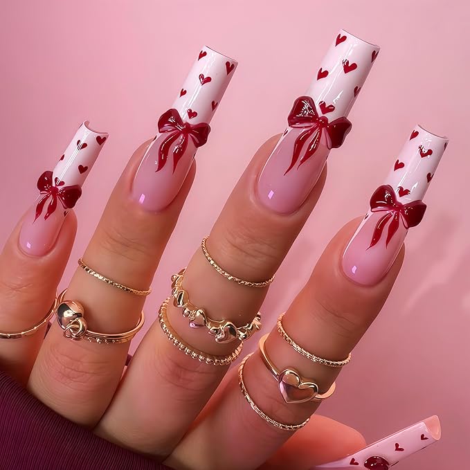 24Pcs Valentines Day Press on Nails Long Square Fake Nails Petite Red Heart False Nails with Cute Red Embossed Bow Designs White French Tips Nails Press ons Glossy Mini Heart Acrylic Nail for Women
