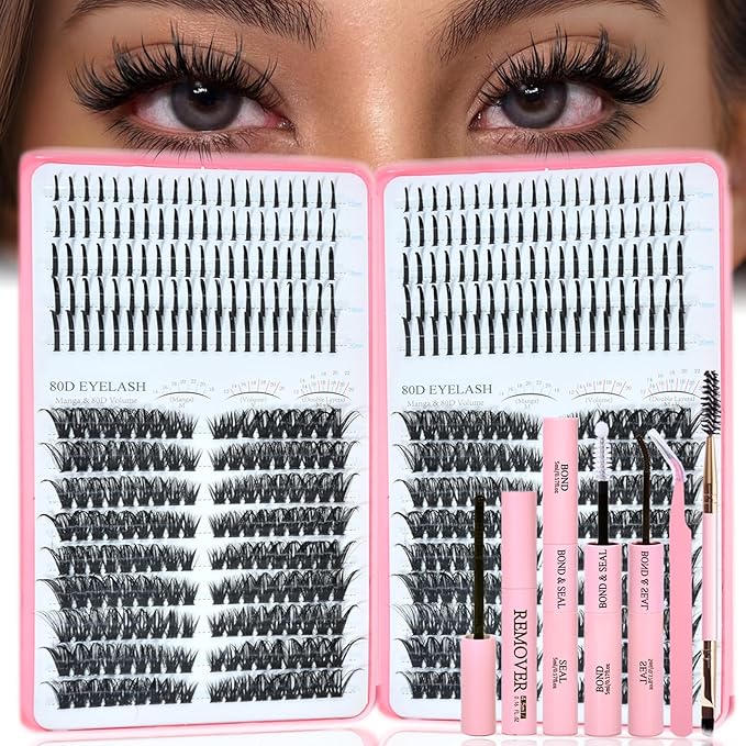 Lash Clusters Kit with Spikes, 80D+80D Left Right Eyelash Clusters Extensions Individual D Curl Fluffy Wispy False Eyelashes DlY Manga Lashes Extension Kit (12-22mm, Left Right Lash Clusters Kit)