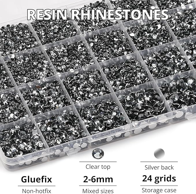 31000Pcs Grey Gray Resin Rhinestones for Bedazzling, 2-6mm Mixed Sizes Flatback Black Diamond Rhinestones, Bedazzled Gems Crystal Jewels Diamonds Bedazzle Set for Crafting Clothes Crafts