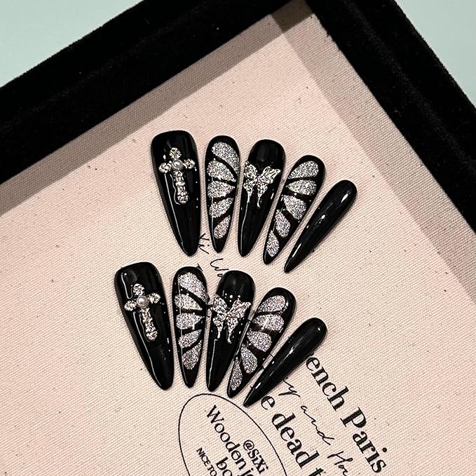 Black and Silver Press On Nails, Butterfly Design Cat Eye False Nails Set, Long Stiletto Shape, Handmade Gothic Glamorous Manicure, 10 Pieces (Medium, LS)