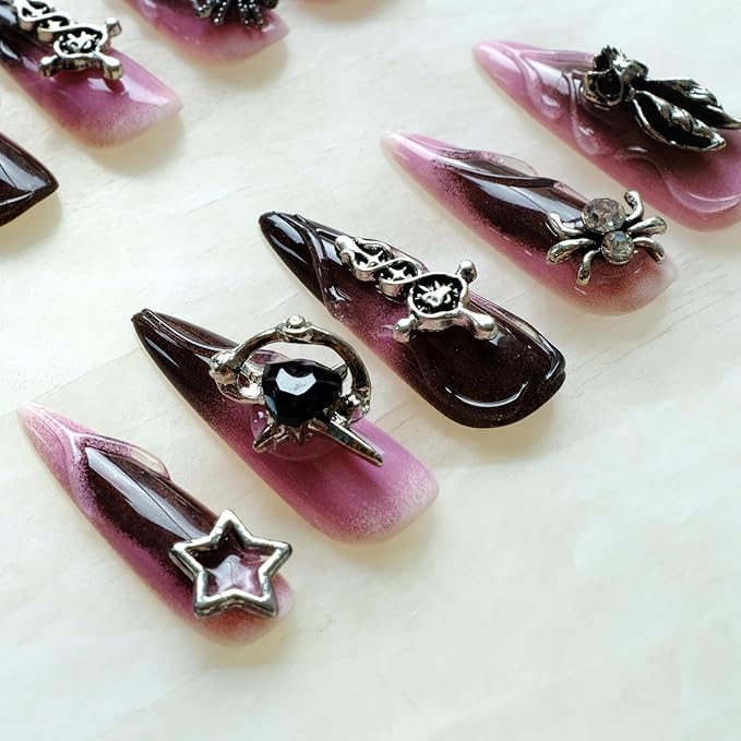 Gothic Press-On Nails, Pink to Black Ombre, Stiletto Shape with 3D Halloween Charms, Handmade False Nail 10 Pieces (Medium, LS)