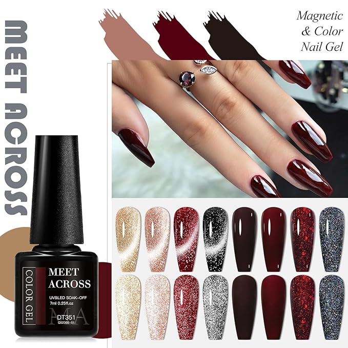 MEET ACROSS 8pcs Gel Nail Polish Set, Soak off UV LED Lamp Gel Nail Polish Cat Eye Set Home Gel Manicure Kit 7ml (Cat Eye + color Gel-4)