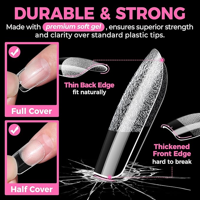 UNA GELLA Short Square Oval Round Nail Tips 216pcs Pre-Etched Short Square Round Oval Press on Nails Squoval Clear Acrylic Fake Full Cover Gel Nails Tips for Nail Extensions Home DIY Salon 12 Sizes