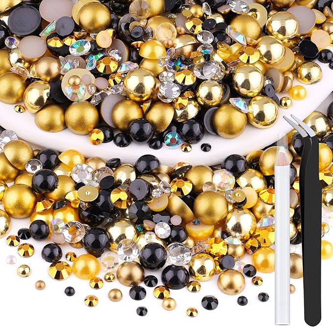 80g Flatback Pearls and Rhinestones for Crafting, Golden Black Mixed Size 3-10mm Resin Rhinestones and Half Pearls for Bedazzling, Nail Art and Decoration with Tweezer and Pickup Pencil