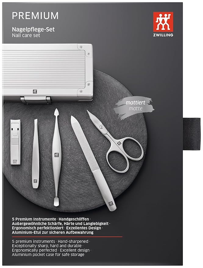 ZWILLING Manicure Set (5 piece, aluminum case for nail care and pedicure, velvet inlay with compact nail clipper), Premium, Black