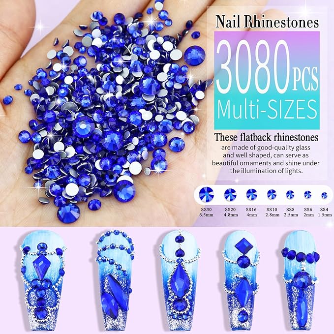 Dowarm 3200PCS Nail Art Rhinestones, Blue/Sapphire Flatback Rhinestones for Nails, Crafts, 12 Styles 3D Glass Crystal Nail Gems, Glitter Diamond