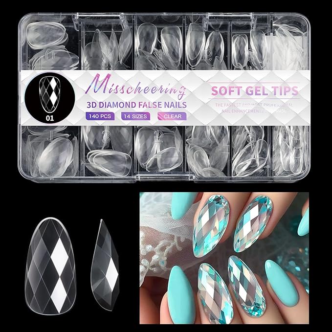 3D Diamond Shaped Polygel Nail, Extension Clear Full Cover False Nail Tips, Hybrid Gel Acrylic Nail, Diamond Fake Nails, 14 Sizes Building Artificial Press on Nail (style 1, 140pcs)