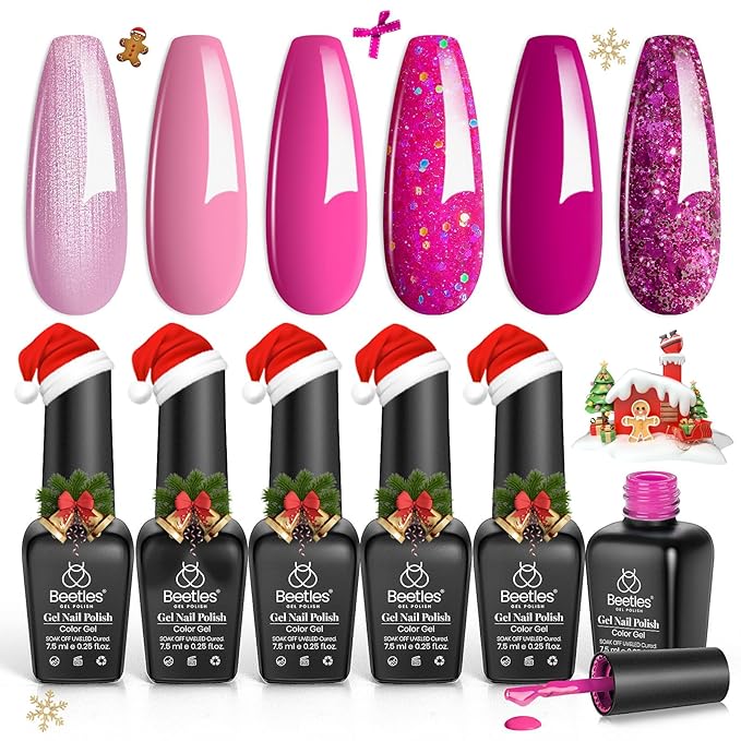 beetles Gel Polish Pink Angel - Valentine Gel Nail Polish Set Pink Rose Nude Glitter Sparkle Light 6 Colors Kit Soak off Uv Led Nail Art DIY Salon Home Gift for Women Girls