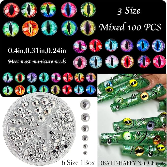 240PCS Nail Charms for Acrylic Nails，Junk Nail Theme Eye Pill Puncture Dice Billiards Silver Half Round Pearl Nail Decorations ，Nail Accessories for Nail Art Supplies Manicure DIY