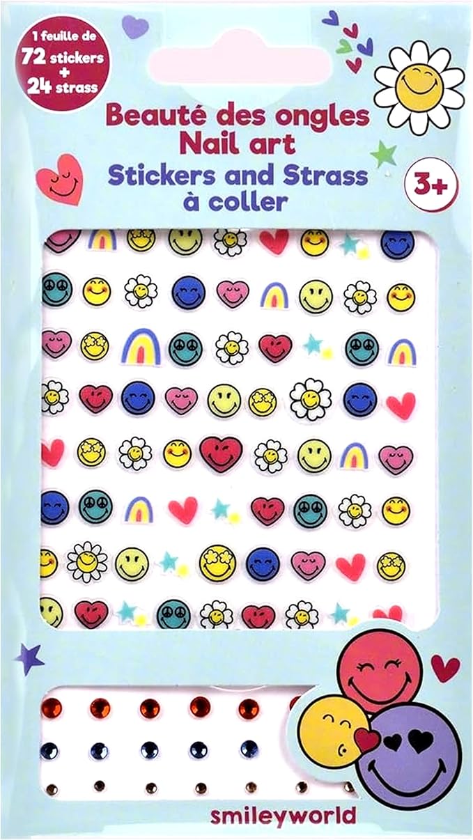 Smiley Nail Stickers – 1 Sheet with 72 Stickers + 24 Rhinestones – Self-Adhesive Nail Art for Girls – Fun Activity & Gift Idea for Birthdays, Crafts, Party Bags and Playdates