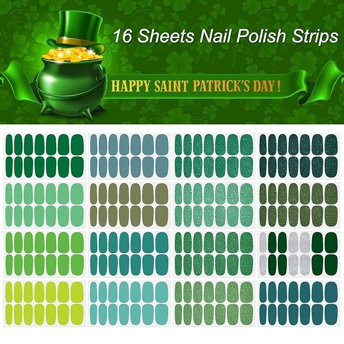 DANNEASY 16 Sheets Green Nail Polish Strips Nail Wraps for Women St. Patrick's Day Gel Nail Strips Self Adhesive Nail Polish Stickers Glitter Manicure Sticker with 1pc Nail File, Cuticle Stick