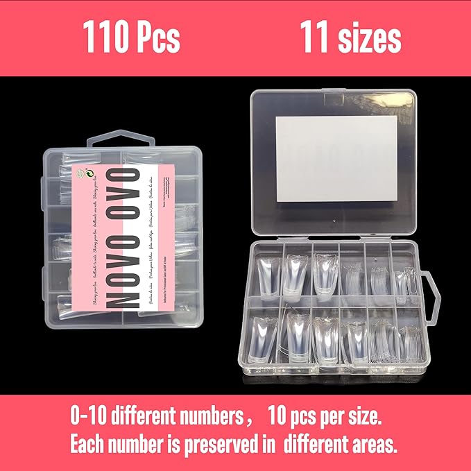 NOVO OVO XXL Long Duck Feet Nail Tips Half Cover for Acrylic, Clear C Curve XXXL Extra Super Long Flare Y2K Wide French Soft Gel False Nail Extension x 11 Sizes in Box 110 pcs