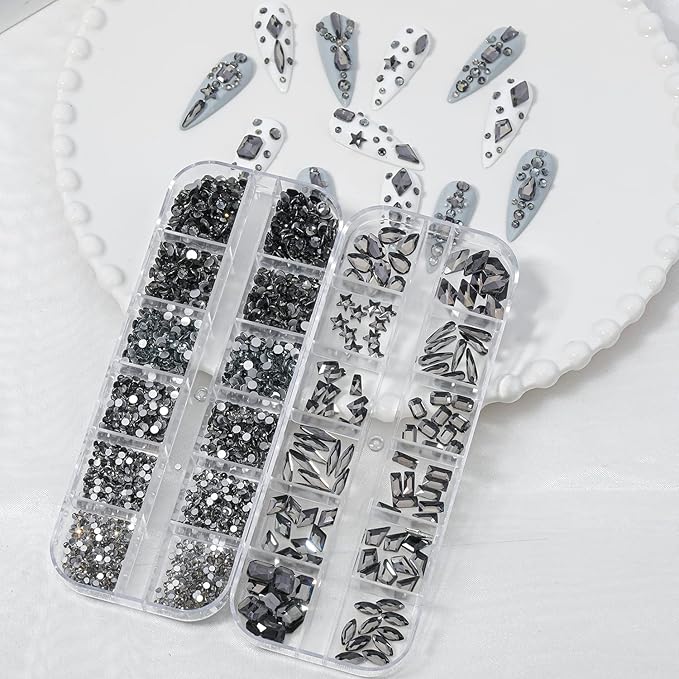 HNUIX Nail Rhinestones - 3D Multi Shape Size Crystal, Transparent Gray Nail Gems, Flat Back, with Kit, for Nail Art, DIY Decorations