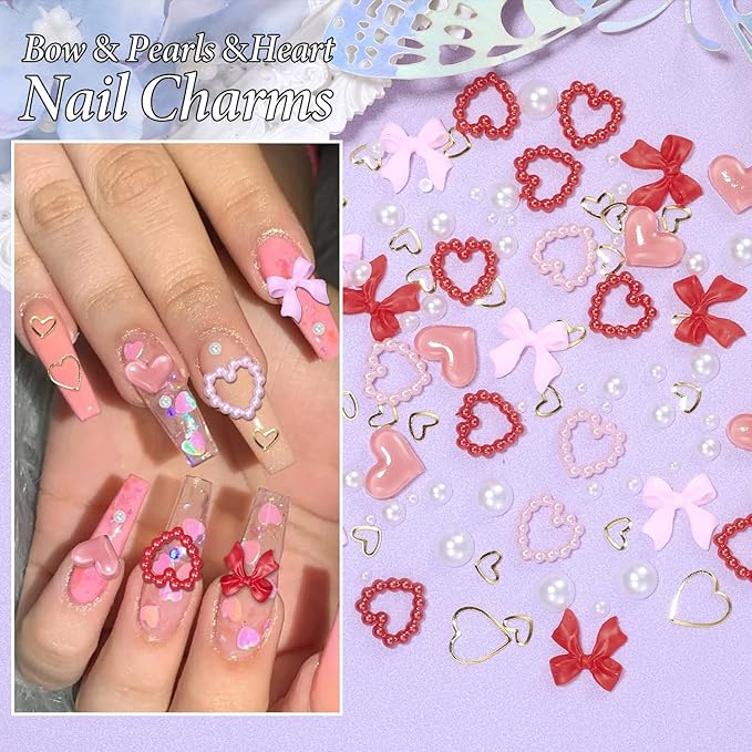 220 Pcs Gold Bow Heart and Acrylic Nail Art Charms, Love Nail Rhinestone and Gems, Pink Red Hearts Bowknot Junk Case Charms for Y2K Nail Art Manicure Design