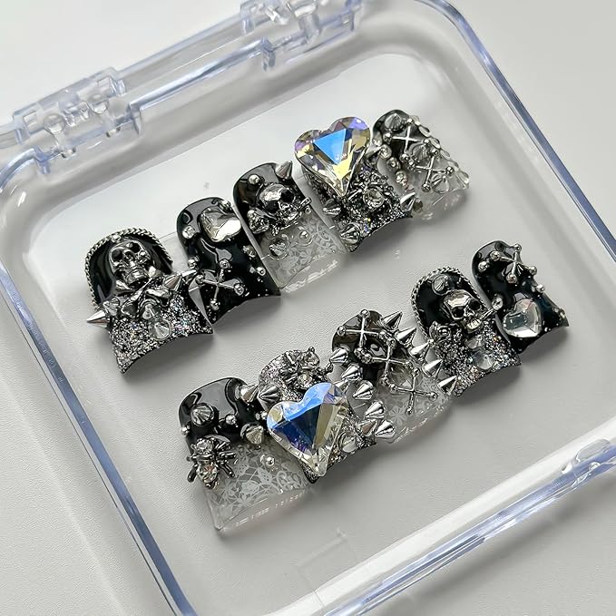 Halloween Luxury Press on Nails Short Duck Handmade 3D Unique Reusable ABS Material Fake Nails Black False Nails with Designs Rhinestones Spider Skull Glossy Glue on Nail Thick Acrylic Nail(M)