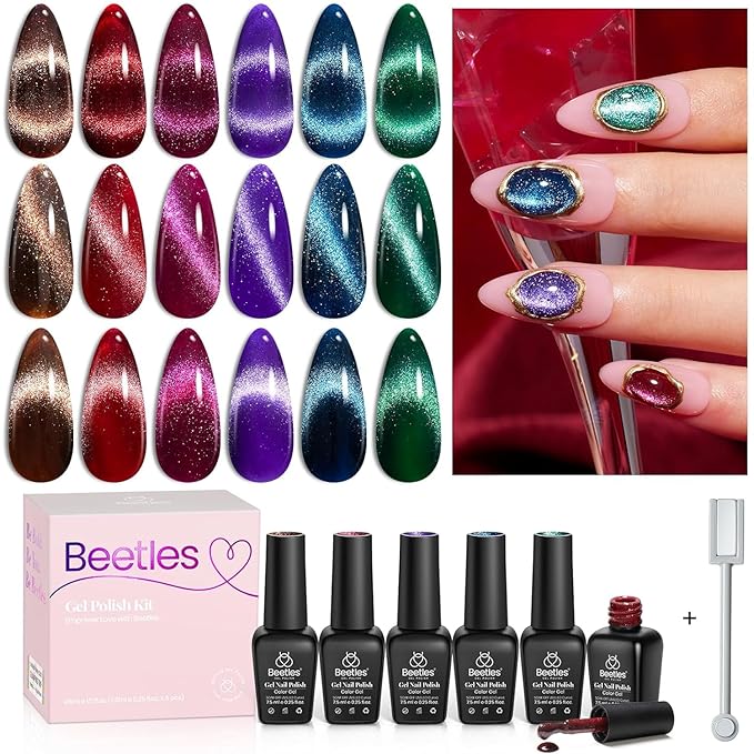Beetles Cat Eye Gel Nail Polish Set 6 Colors, Glitter Red Shiny Burgundy Purple Magnetic Effect with Beetles 6 Colors Cat Eye Purple Pink Gel Nail Polish Set with Magnet and Double-ended Pen