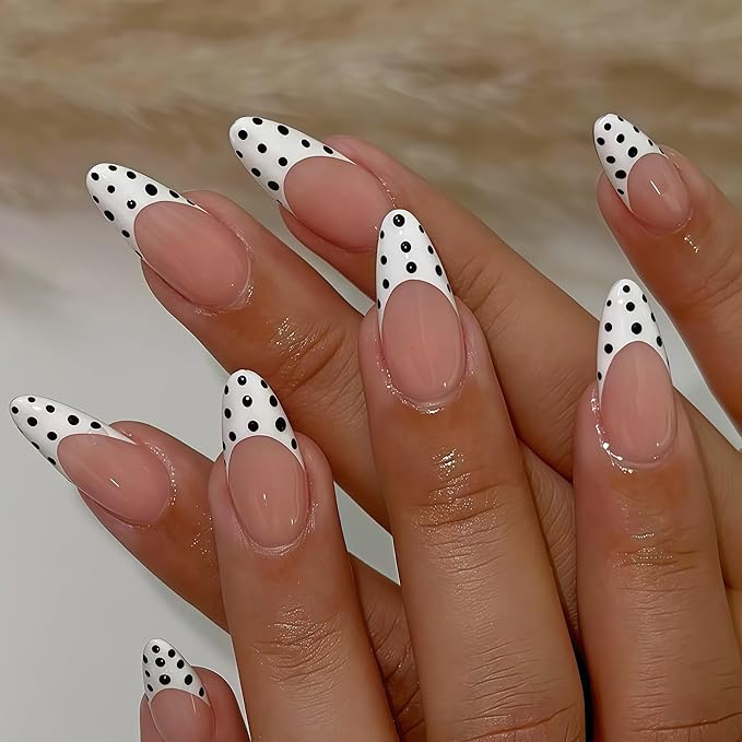 Almond Press on Nails Medium Fake Nails White French Tip False Nails Cute Black Polka Dot Design Reusable Artificial Nails Full Cover Glossy Glue on Nail Stick on Nail for Women Manicure 24Pcs