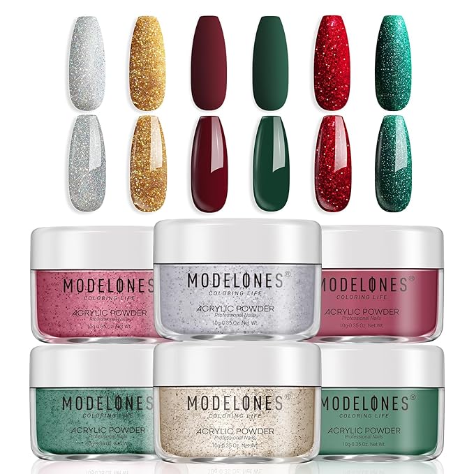 Modelones Christmas Colors Acrylic Powder Kit - 6 Colors Golden Glitter Yellow Green Dark Red Sliver Christmas Eve Cover Powder for Nail Art Extension - No Lamp Needed