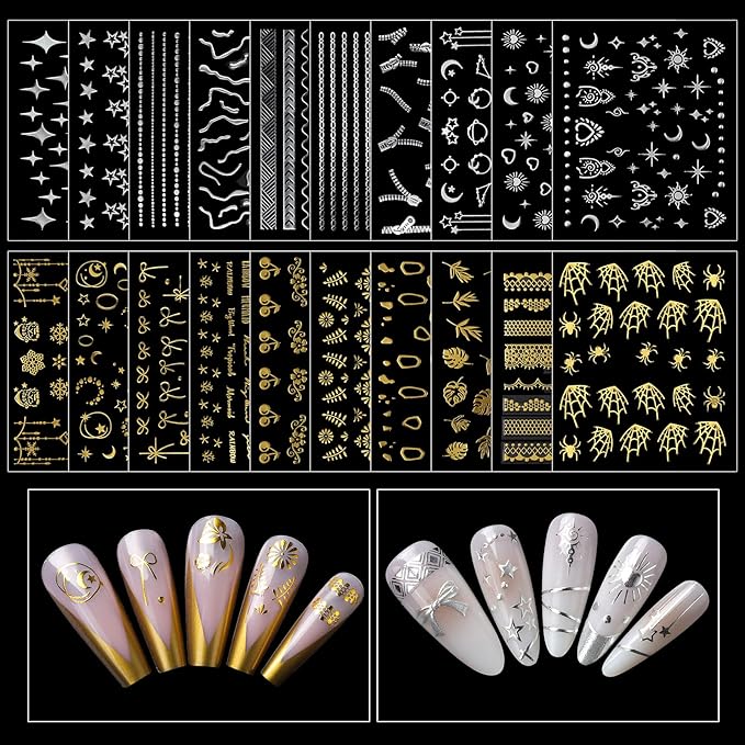 Teenitor Nail Charms and Gems with Nail Stickers, 6 Boxes Silver & Gold Nail Gems and Rhinestones Kit for Women, 3D Nail Art Rhinestones Nail Pearls, Caviar Beads for Nails,Y2K & Cross Nail Charms