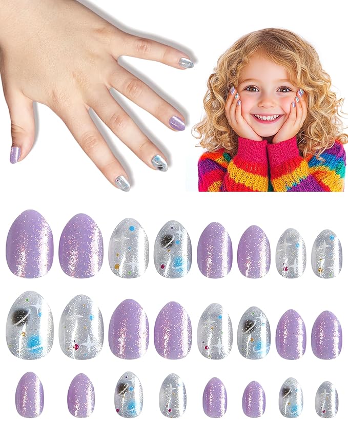 Cute Press on Nails for Kids,Girls Trendy Stuff Fake Nail Kit for Ages 5-12, Pre-glue Glitter Short Acrylic Nail Stick on Nails, Great for Girl Birthday Gifts, Parties&Makeovers Decoration
