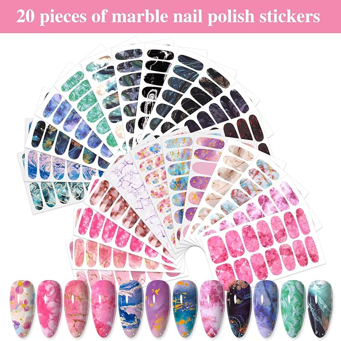 24 Sheets 336 Pcs Marble Nail Stickers Full Wraps for Women Girls Color Strips Marbling Design Nail Gel Strips Polish Stickers Set Self Adhesive Stickers Decals