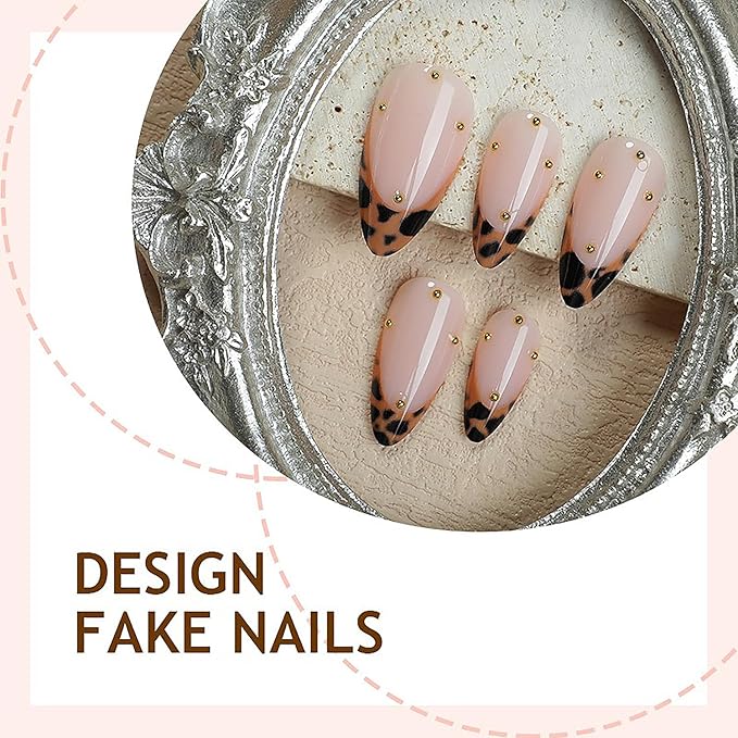 French Tip Press on Nails Medium Almond MABKJLF Fake Nails Fall False Nails with Leopard Print Ball Designs Amber Full Cover Glossy Glue on Nail Autumn Daily Wear Acrylic Nails for Women Girls 24Pcs