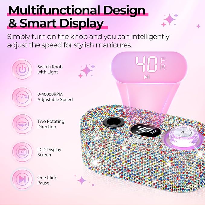 Electric Nail Drill Professional: Shiny 40000RPM Electric Nail File Kit E File Nail Drill Machine with LCD Display for Acrylic Gel, Manicure Pedicure Polishing Grinder for Salon Home, Diamond