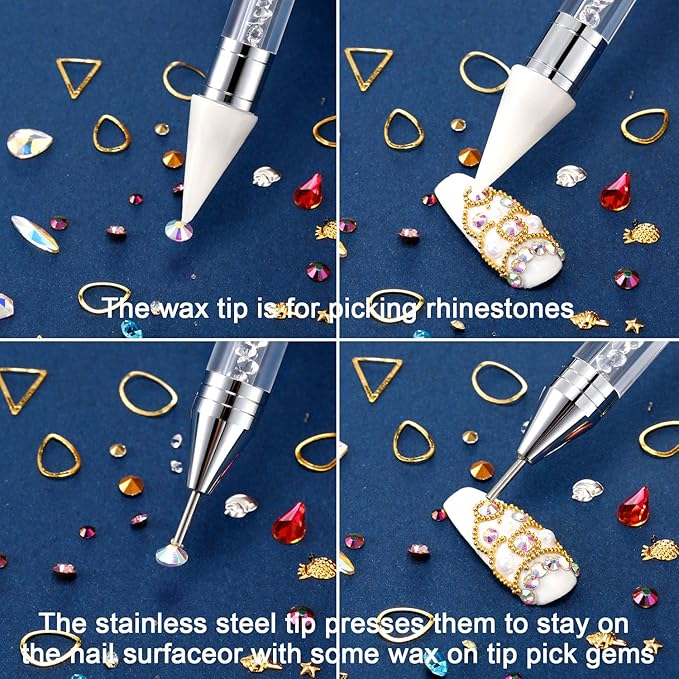 Tatuo 2 Pieces Rhinestone Picker Dotting Pen, Dual-ended Rhinestone Gems Crystals Studs Picker Wax Pencil Pen Crystal Beads Handle Manicure Nail Art DIY Decoration Tool (White)