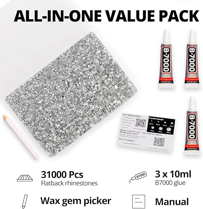 31000Pcs Silver Clear Rhinestones Gems Bedazzling Bedazzler Kit, Crystal Bedazzled Flatback Diamonds for Crafting Clothes Crafts Shoes Fabric, Jewels Bedazzle Resin Flat Back Gemstone 2-6mm b7000 Glue