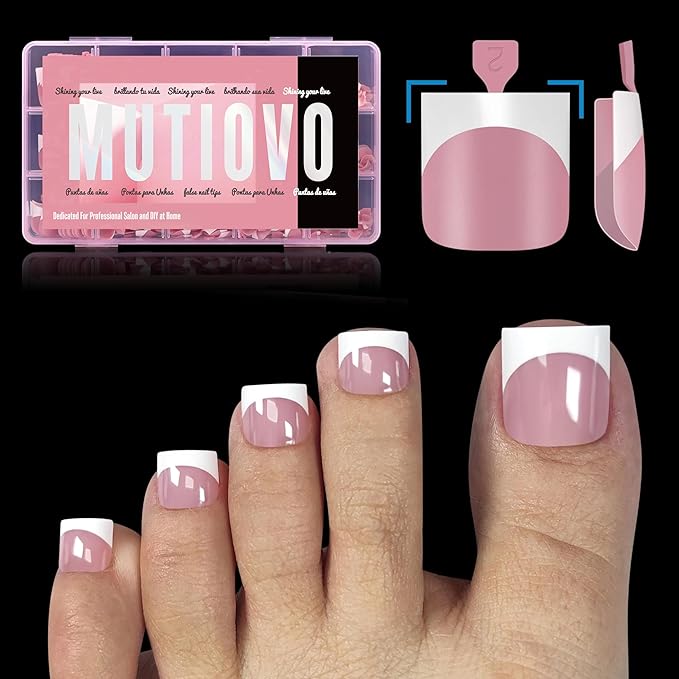 French Tip Toe Nail Tips Press on, Sharp Square Pre-Designed Soft Gel False Toenail Extension, BERRY PINK Pre-applied Tip Primer & Base Coat, Full Cover Acrylic for DIY x 15 Sizes 240 pcs