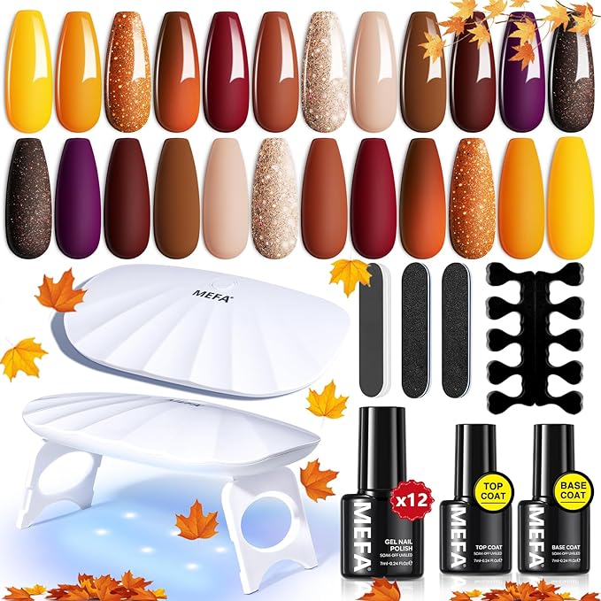 MEFA 19 Pcs Gel Nail Polish Kit with U V Light, 12 Colors Fall Gel Nail Polish Set Burgundy Red Champagne Gold Purple Glitter Soak Off Manicure Tools Halloween Beginners Salon Art DIY for Women