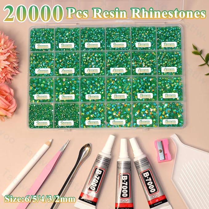 20000Pcs Dark Green Flatback Jelly Resin Rhinestones for Bedazzling, Mix Sizes Crystal Rhinestones Gems, Dark Green Flatback Rhinestone Gems Bedazzling for Crafts DIY Face Makeup Tumblers