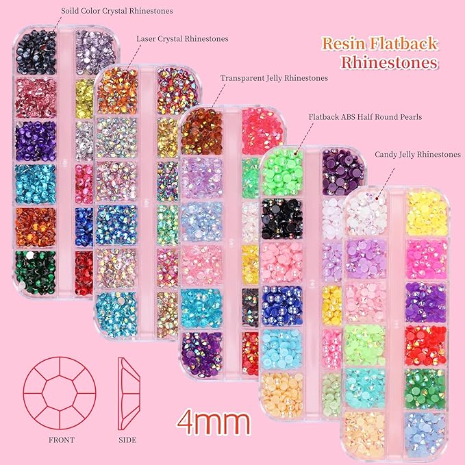 5 Boxes 3000pcs Sparkling Crystal Nail Rhinestones Pearls Kit, Flatback Multicolor Transparent Jelly AB Mermaid Gems with Pick Up Pen and Curved Tweezers for Manicure Salon & Craft DIY Designs (4mm)