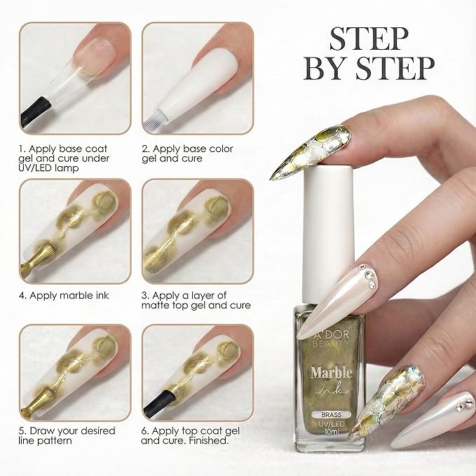 A'DOR BEAUTY Marble Ink for Nails Set - 12 Watercolors & 5 Metallic Shades, Blooming Gel Magic Nail Polish, Nail Art Supplies for Marbling, Veining & Abstract Nail Design - Metallic Marble Gold