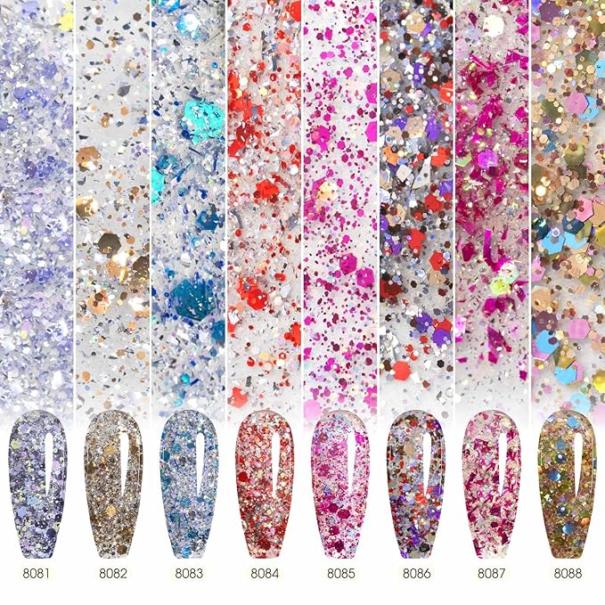 CANNI Gel Polish Glitter Gel Nail Polish Set, 8 Colors Shiny Blue Red Brown Glitter Gel Polish U V LED Soak Off Manicure Glitz Flash Series Kit Gift for Women Girls