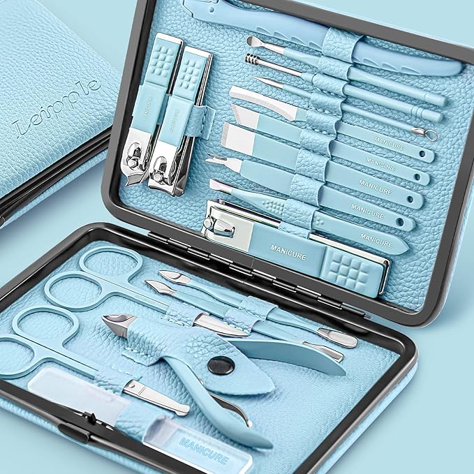 Manicure Set Professional Pedicure Kit Nail Clippers Kit - 18 pcs Nail Care Tools - Grooming Kit with Luxurious Upgraded Travel Case (Blue)