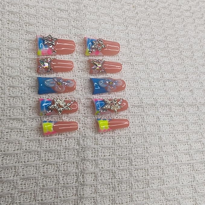 Handmade Nails Duckbill Shape Hand Carved Style Peach Pink Base Floral Pink Blue Yellow Gradient Rhinestone Decor Glossy Surface Fashion Manicure Easy Wear Press on Nails 10 pcs (S)