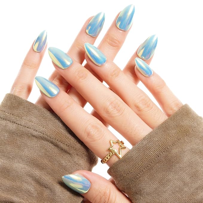 GLAMERMAID Light Blue Mermaid Chrome Press On Nails Short Almond, Golden Donut Glazed Handmade Soft Jelly Gel Fake Nails, Round Oval Stick Glue on Nails Kit for Women, Reusable Acrylic False Nail Set