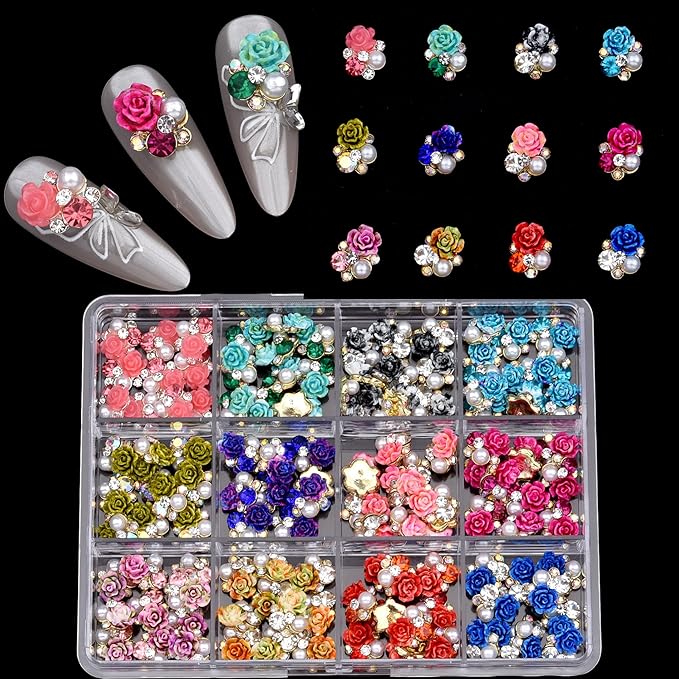 120PCS Y2K Nail Rhinestones Flowers - 3D Flower Nail Charms with Rhinestone, 12 Colors Floral Nail Jewelry Decor Accessories for Nails/Phone/Craft (Gold, Gift Ready)