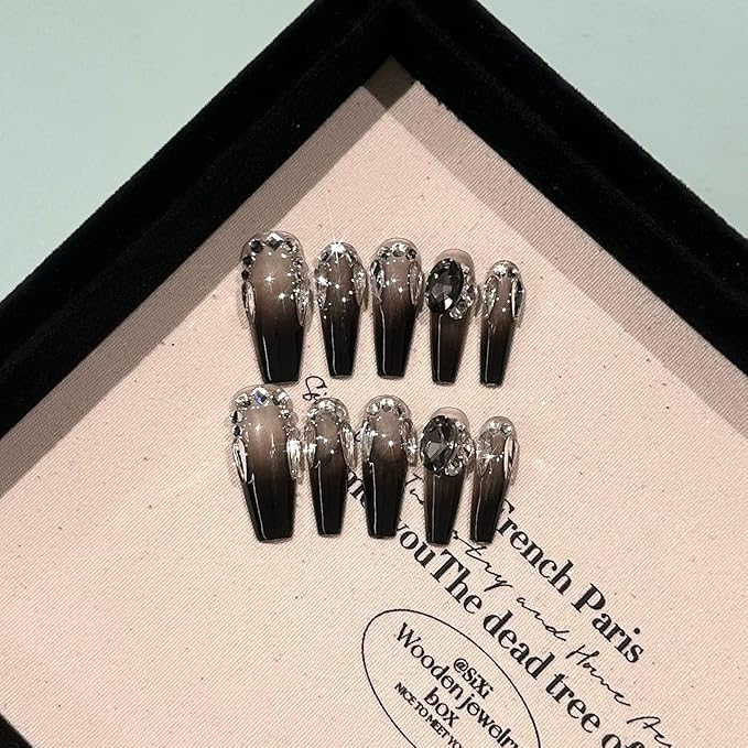 Long Ballerina Press-On Nails, Black Gradient with Silver Diamond Design, 10 Pieces (Small, LS)