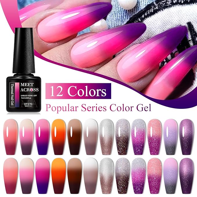 MEET ACROSS 12Pcs Color Changing Gel Nail Polish Set Purple Brown Glitter Temperature Mood Changed Nail Polish Gel DIY Salon Gift for Women