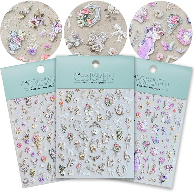 Angel Garden Nail Art Stickers, Rose Flower Nail Decals, Self-Adhesive,Summer Spring Nail Accessories for Women, Nail Decorations 3 Sheets