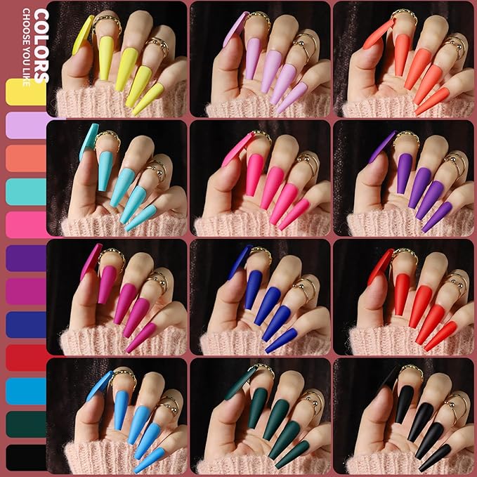 Teenitor Long Press On Nails Coffin Fake Nails Long Ballerina False Nails, 576pcs Long Coffin Press On Nails Full Cover Color Coffin Nail Tips, 24 Colors Glue On Nails Long Coffin Matte Press On Nails