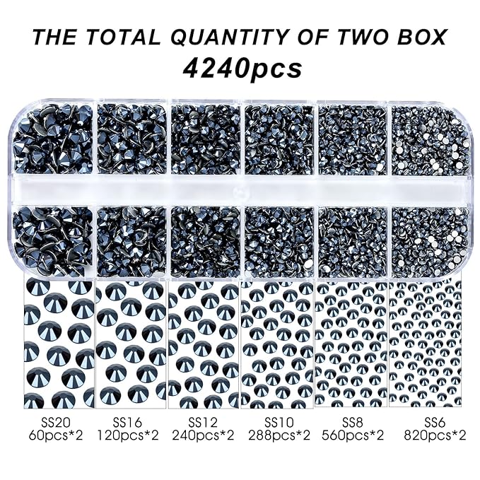 4240Pcs Shiny Black Flatback Rhinestones 6 Sizes Crystal Diamonds for Nail Art Crafts Clothes Shoes with Tweezers and Picking Pen