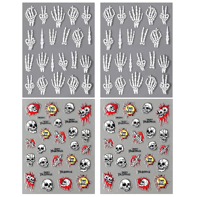Halloween Bone Nail Stickers, 4 Sheets Embossed Skeleton Finger Self-Adhesive 5D Nail Art Decals for DIY Skull Manicure