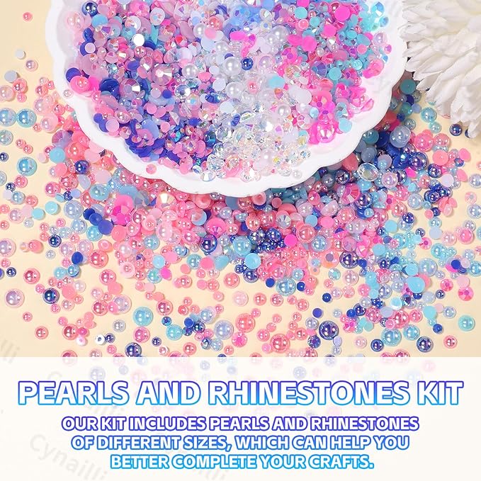 15 Grids Pearls and Resin Rhinestones for Crafting, Pink Blue White Bedazzling Gems Kit, Jelly Resin Rhinestones for Nails Face Eyes Makeup Crafts DIY Tumblers Bottles