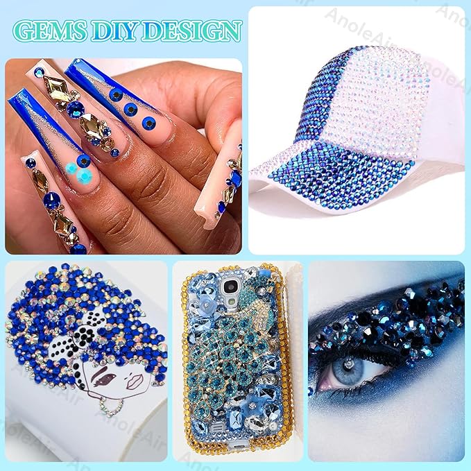 22000Pcs Blue Rhinestones for Bedazzling, Jelly Bedazzling Resin Gems 3-5mm, Blue White Gems Bedazzling Kit for Crafting, Flatback Color Light Blue AB Gems for Nails Face Makeup Tumblers